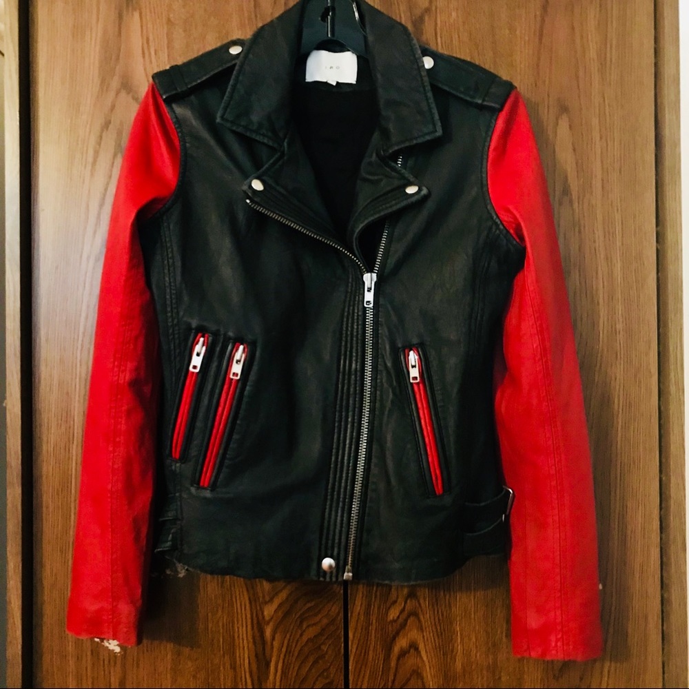 IRO NEW BLACK/ RED SLEEVES LAMB LEATHER JACKET 10